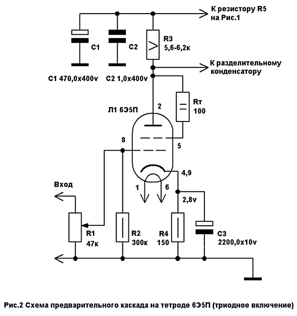 Рис.  2 Схема предварительного каскада на тетроде 6Э5П (триодное включение)