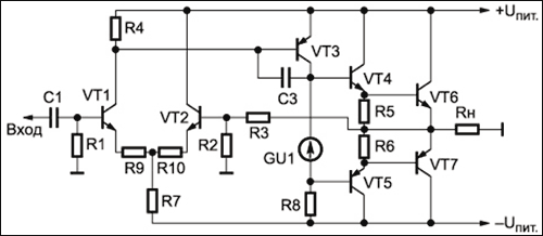 Рисунок 1. Традиционная схема звукового усилителя мощности на биполярных транзисторах